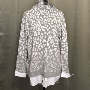 Isaac Mizrahi Gray Animal Print Mock Neck Layered Look Women's Sweater Large